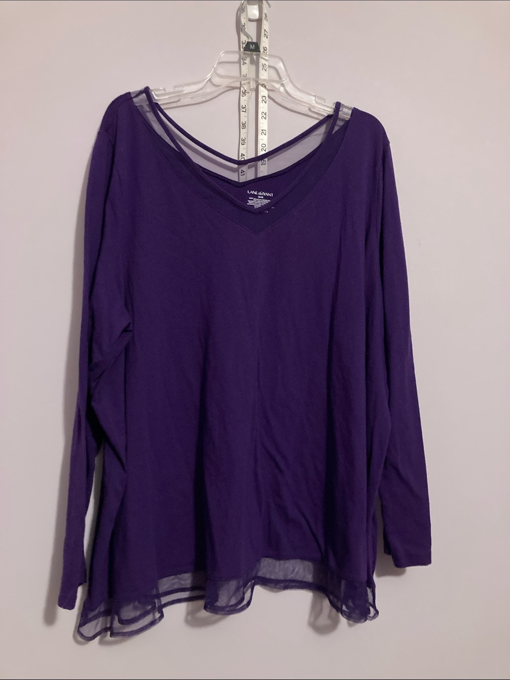 Lane Bryant Deep Purple V-Neck Long Sleeve Top with Sheer Trim